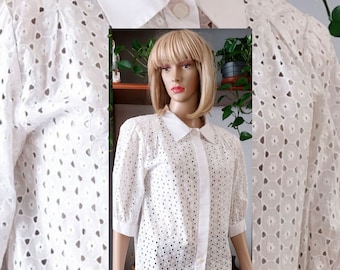 Vintage weiße Baumwollbluse mit Lochstickerei für Frauen / Sommer-Hemd / S