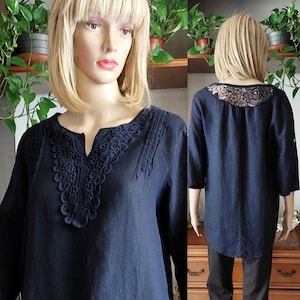 70&#39;s vintage linen blouse for women/ Linen short sleeve lace tunic/Blue linen half sleeve tunic tops/Boho summer linen shirt/L