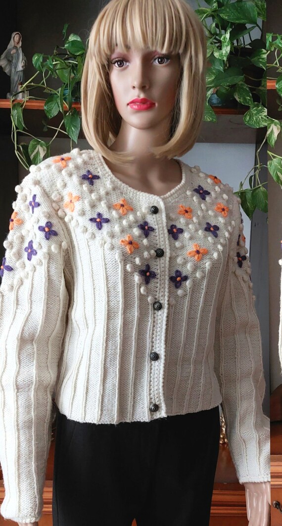 Vintage Austrian knitted flower cardigan/Vintage … - image 2
