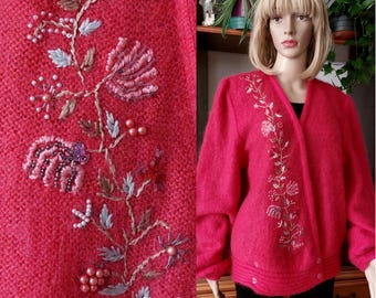 Hand-knitted Mohair Blend Cardigan for women/ Beaded Floral Embroidered Sweater, Made in Italy