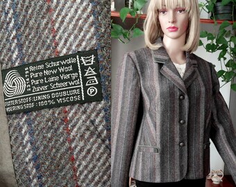 Vintage blazerjas van pure wol voor dames / Warme winterjas met visgraatmotief (maat L)
