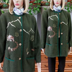 80&#39;s vintage trachen Austrian green loden coat with landscape embroidery/Tyrolean Bavarian Oktoberfest wool coat for women/Hunting coat/XL