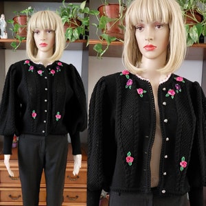 Vintage trachten Austrian sweater with crochet floral/Tyrolian Oktoberfest Folk Dirndl black wool cardigan/Festival Holiday wool sweater/XL