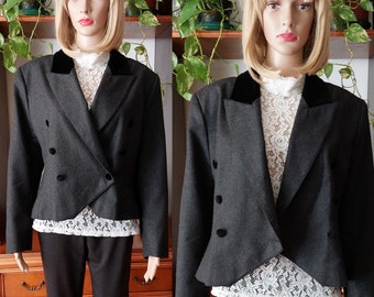 Vintage  wool  blazer for women/Elegant velvet collar cropped blazer jacket/Secretary wool black blazer/Spring Autumn wool blazer/Size:L