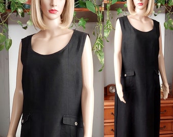 Claudio Anelli vintage plus size black linen blend dress made in Italy/Designer linen tank dress with pocket/Market dress/Grunge dress/