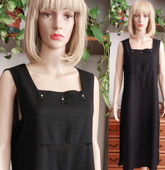 90s black linen blend dress/Vintage oversized bla… - image 2