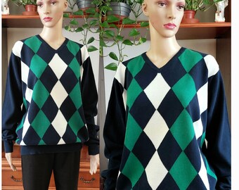 ALSCOT SPORT Vintage Men s V Neck Knit Argyle Pattern Sweater Pullover in 100 Cotton men s Classic Golf Pullover autumn Knit Sweater Etsy