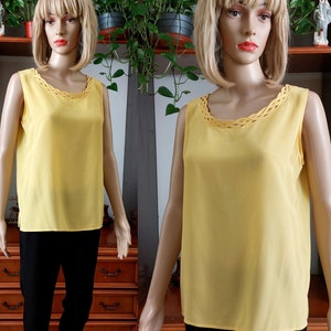 Débardeur en soie jaune pour femme vintage, chemisier en soie sans manches pour femme, haut en soie décontracté, haut en soie d&#39;été, haut en soie minimaliste, cadeau pour elle, L