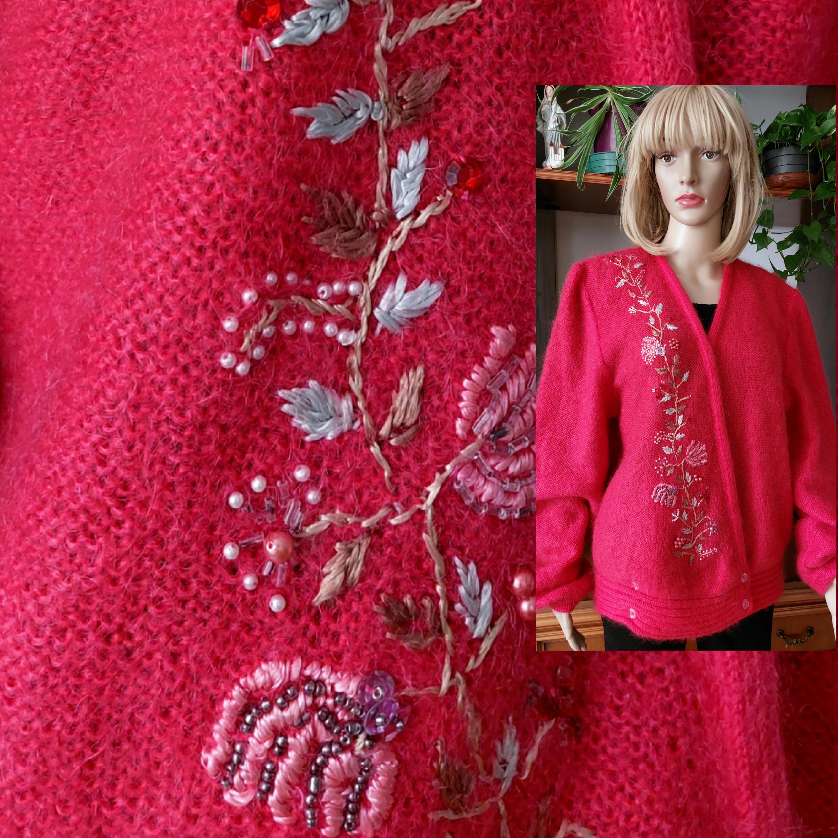 Cárdigan de punto de mohair vintage de los años 90 para mujer, tejido a mano, con bordado floral y cuentas único, color frambuesa Y2K, talla XL