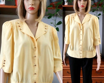 Alemania vintage amarillo elegante blusa de manga corta de noche con botones dorados/Chaleco recortado con mangas abullonadas de verano/Camisa de secretaria de negocios/XL