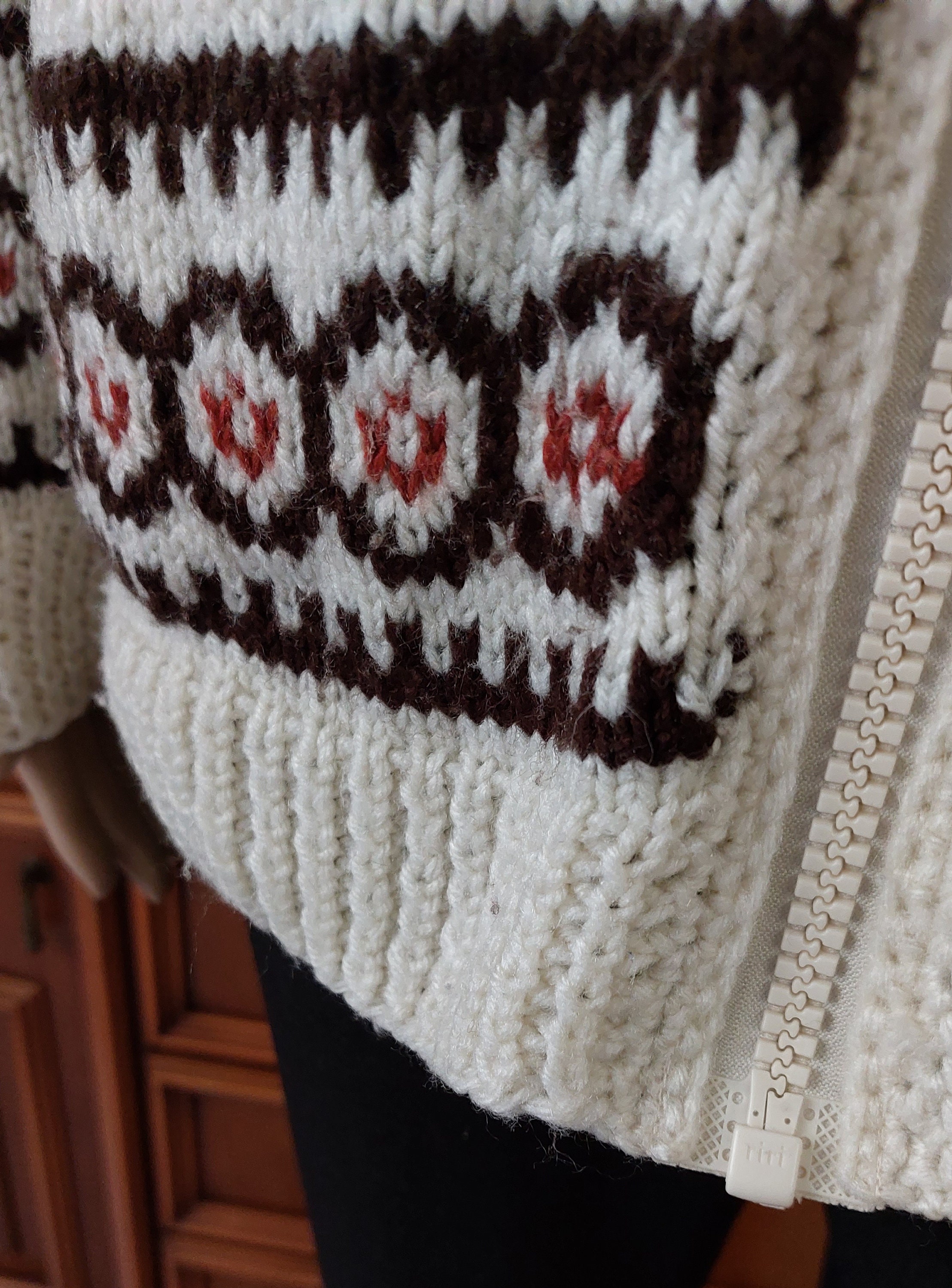 Vintage Hand Knitted Wool Sweater Cardigan With Zip up for Women