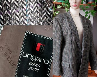 UNGARO PARIS ヴィンテージ ヘリンボーン ウール ブレザー ジャケット メンズ イタリア製/2XL