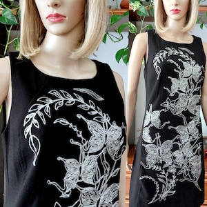 DESIGUAL vintage black elegant sleeveless dress for women with back zip up/Embroidered midi dress/Cocktail Party A-line dress/S