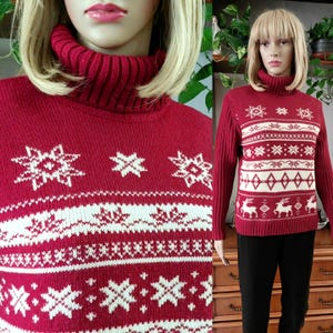F.LLI CAMPAGNOLO vintage Red Christmas sweater turtleneck/Vintage snowflake reender wool blend sweater/Women&#39;s winter ski sweater/ M or L