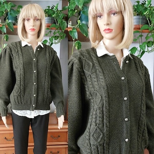 Vintage Austrian Dirndl knit sweater cardigan in green wool/Tyrolean Bavarian Oktoberfest Trachten cardigan/Chunky  knitted wool sweater/2XL
