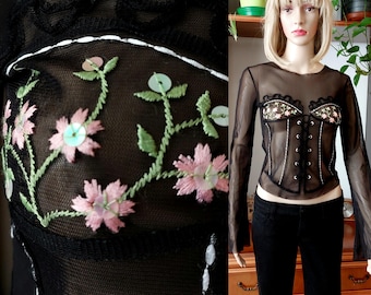 Blusa transparente con corsé para cóctel o fiesta con bordado floral de Denny Rose, talla XS