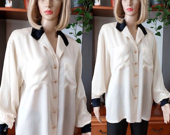 Blusa Escada de Margaretha Ley blusa de seda vintage con botones dorados/Blusa elegante de mangas de seda de noche para mujer/Blusa de talla Designer Plus