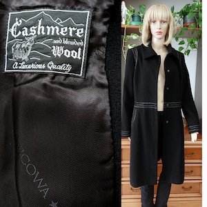 Vintage black wool  cashmere coat/Women&#39;s wool long winter trench coat/Black wool overcoat/ European Elegant black wool coat jacket L/USA-10