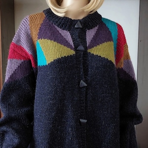 Vintage hand knitted wool cardigan for women/Chunky knit duster/Spring long cardigan/Winter warm wool knit coat/Wool knitted jacket 2XL