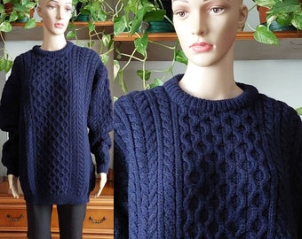 IRISH vintage aran knitted sweater for men's/ vintage pure new wool cable knit crew neck pullover/vintage wool fisherman sweater/Plus size