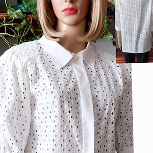 Vintage 70&#39;s white eyelet embroidered blouse/Handmade white cotton short sleeves blouse//Summer buttton down blouse/Secretary blouse/L