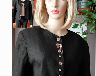 Vintage Austrian black trachten folklore cardigan  jacket in 100% linen with traditional horn buttons/Tyrolean Oktoberfest  Dirndl jacket/L