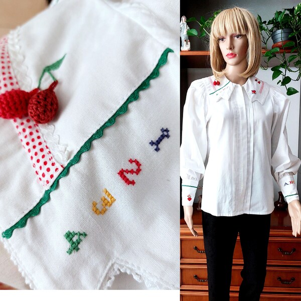 Vintage Bohemian Folk White Blue Cross-stitch Embroidered Cotton Tunic Blouse 14 16 M