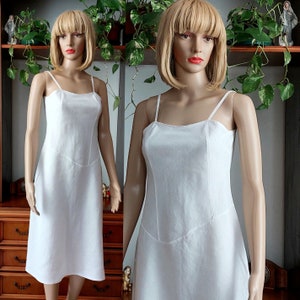 60s vintage white linen slip summer dress made in Italy/Handmade white spagethetti strap sundress/ sleeveless linen blend midi tank dress/M