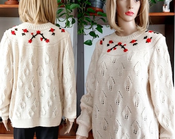Suéter de lana vintage tejido a mano con bordado floral para mujer/Suéter de lana de punto grueso/Suéter de lana de gran tamaño/Suéter de punto folklórico/2XL