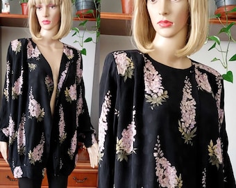 70's vintage silk floral print blouse/Sartorial oversized long sleeve silk blend blouse dress/Elegant silk blouse top/Evening Romantic top/