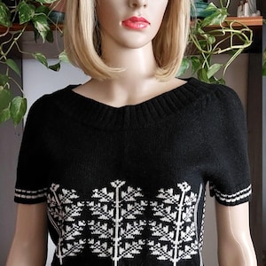 Vintage Wolle und Kaschmir gestrickter Pullover mit kurzen Ärmeln/Schwarzer Wolle kurzer Pullover/Raglan schwarzer Wolle Jacquard Pullover/M