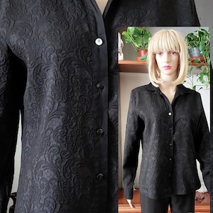 GUERINI Vintage schwarze Baumwollbluse für Frauen made in Italy/Elegante Jacquard Bluse schwarz/Secretary Langarmbluse/XL