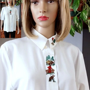 80er vintage Österreichische Dirndl Bluse mit Landschaftsstickerei/ Cottagecore weißes kurzarm Hemd/ Dirndlbluse / XL