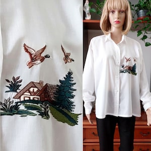 80&#39;s vintage embroidered white blouse  for women/landscape Alpin motifs blouse/Oversized long sleeve button up blouse/Cottagecore blouse/XXL