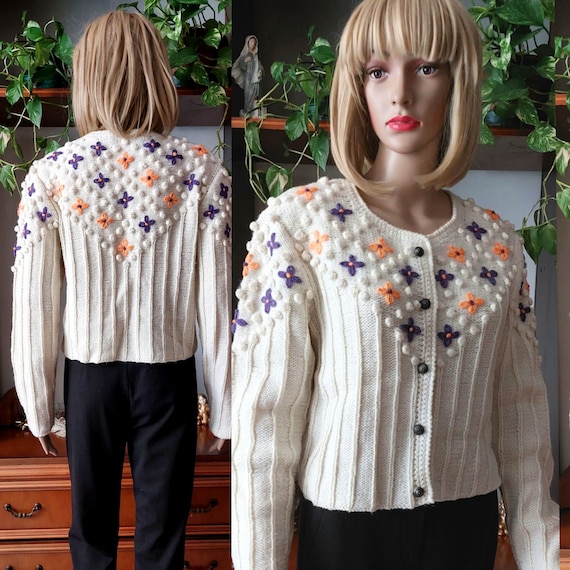 Vintage Austrian knitted flower cardigan/Vintage … - image 1