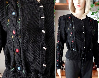 Vintage Austrian hand knitted Folklore cardigan trachten with flower hand embroidery/Tyrolean Oktoberfest sweater/Country cottagecore/Large