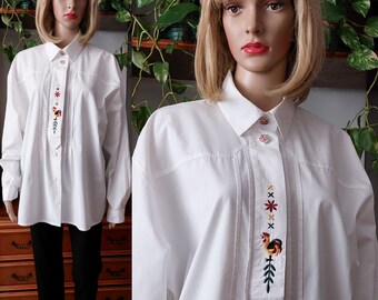 80s Austrian Dirndl blouse with embroidered/Sartorial Peasant long sleeve button up blouse/Prairie Summer Spring cottagecore blouse/Oversize