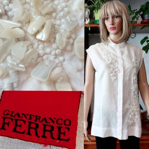 Giianfranco Ferrè vintage beaded button down white  linen blouse for women/Rare Art Deco embellished linen blouse with pearl Gift for wife/L