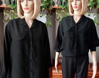 BENETTON 90s vintage black silk blouse/Oversize silk bouse women/ Vintage classic silk shirt/Bussiness Causal shirt/Long sleeve silk blouse/