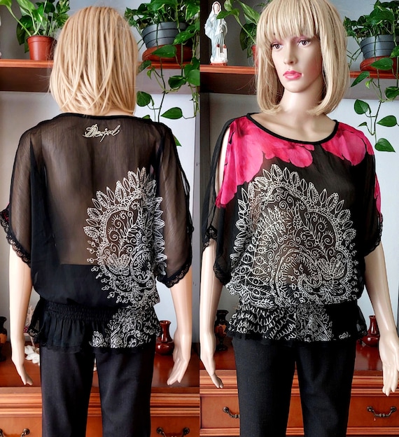 DESIGUAL vintage sheer floral blouse top/Batwing … - image 1