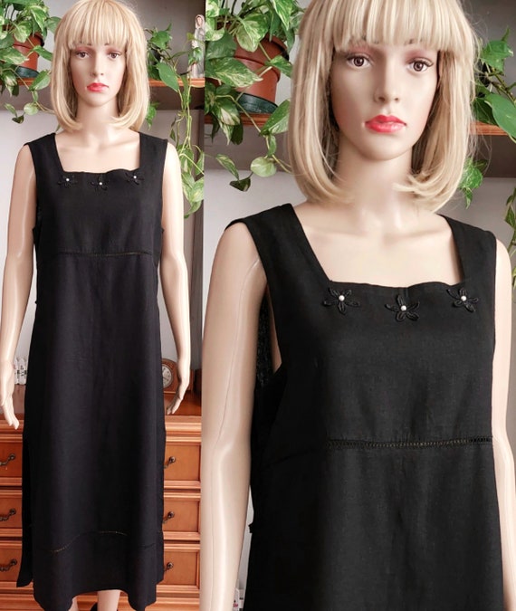 90s black linen blend dress/Vintage oversized bla… - image 1