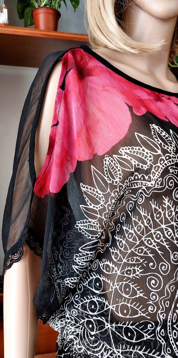 DESIGUAL vintage sheer floral blouse top/Batwing … - image 3