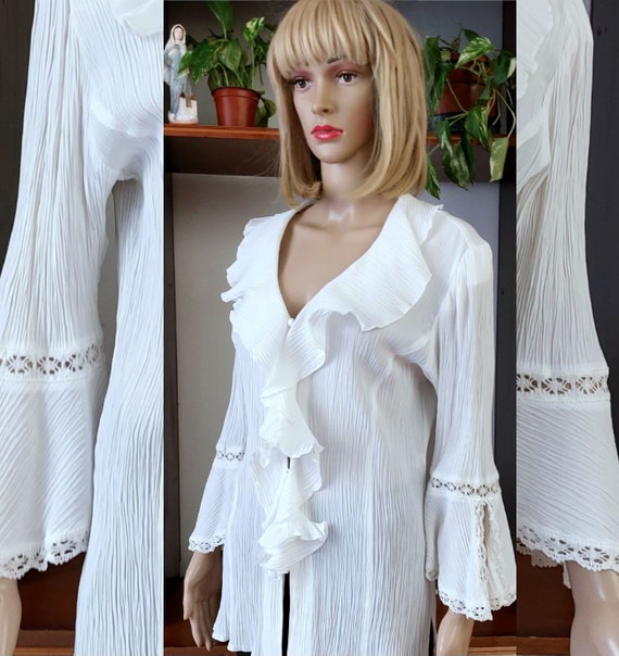 80's vintage white lace blouse with ruffled jabuo… - image 9