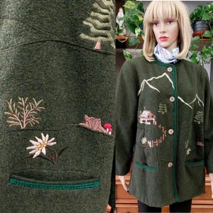 Vintage Austrian Wool Loden coat jacket/Bavarian Tyrolian trachten Embroidered GreeJacket /XL