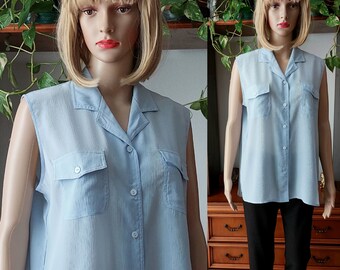 1980s vintage silk sleeveless blouse button down silk long line vest women/Summer silk top with pocket/Oversized silk blouse/Secretary work