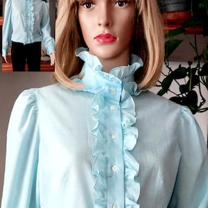 70&#39;s vintage high neck button down blouse for women/Ruffled long sleeve blouse/Edwardian Victorian style blouse/Gift for wife/Gift for mom/L