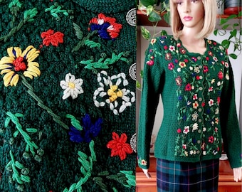 Vintage  Austrian knitted trachten cardigan Hand embroidered Cardigan/Tyrolean Oktoberfest green Wool blend Sweater/ L