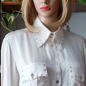 ITALIAN vintage 100% silk embellished sequin long sleeve button up blouse for women/Cocktail Elegant evening silk blouse silk blouse/XXL