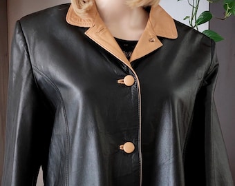 Vintage leather Black Blazer for women/Elegant Spring Autumn leather Jacket (XL)