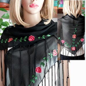 Vintage black sheer shawl with rose flowers/women&#39;s black sheer triangle scarf elegant black shawl,black bridal floral shawl,hand embroidery